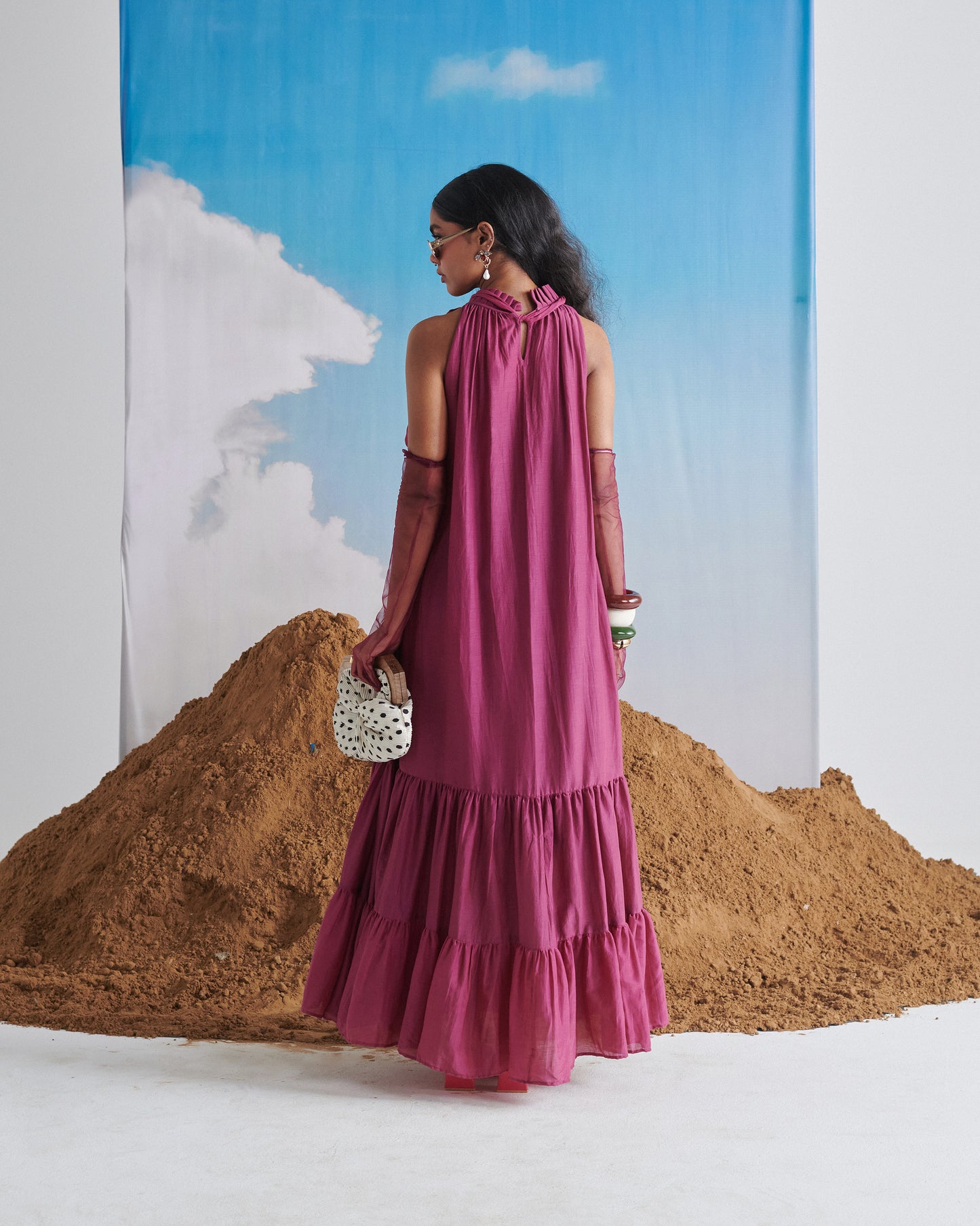Back view of Falsa Sharbet Maxi Dress in deep fig purple with halter neck tie