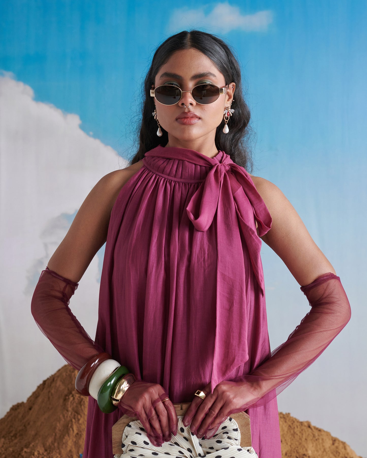Front view of Falsa Sharbet Maxi Dress in deep fig purple, hand-dyed by Naarangi India