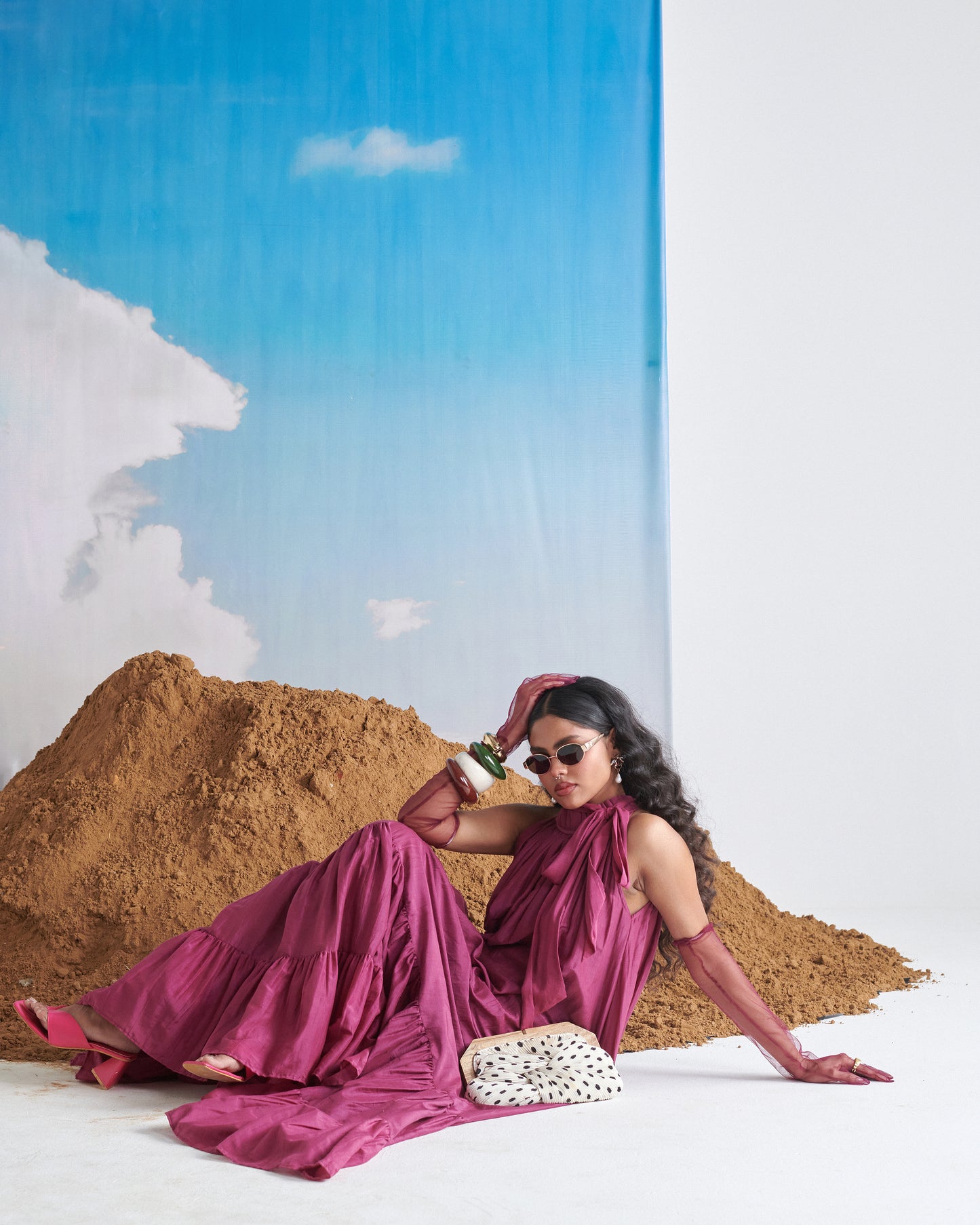 Side view of Falsa Sharbet Maxi Dress in deep fig purple with relaxed fit