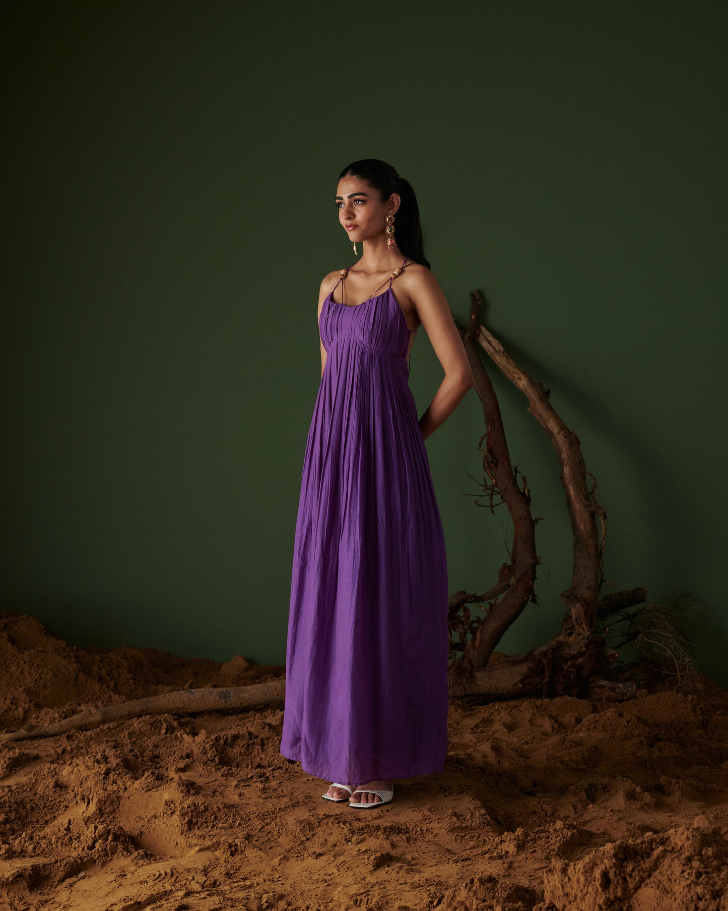 Jamun Jalsa Dress in vibrant purple, pleated flowy maxi with thin straps, boho-chic summer outfit by Naarangi.