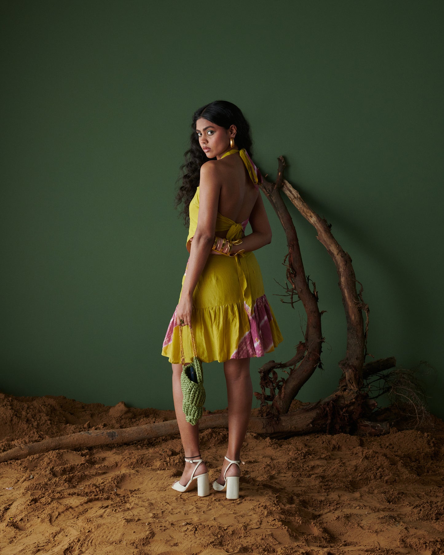 High-rise fitted waist detail of Khatta Jal-Jeera Skirt in mustard yellow and deep pink