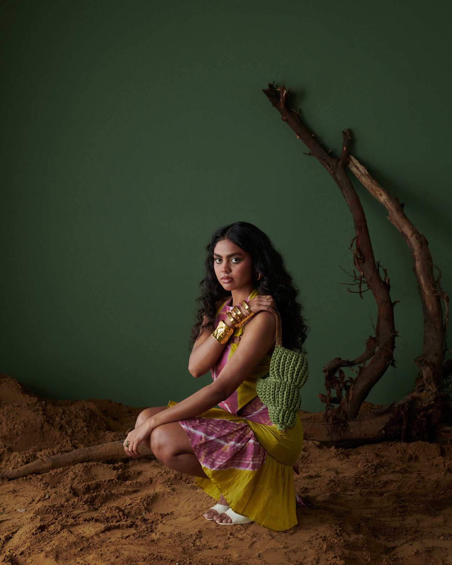 Front view of Khatta Jal-Jeera Skirt in mustard yellow and deep pink, hand-dyed by Naarangi India