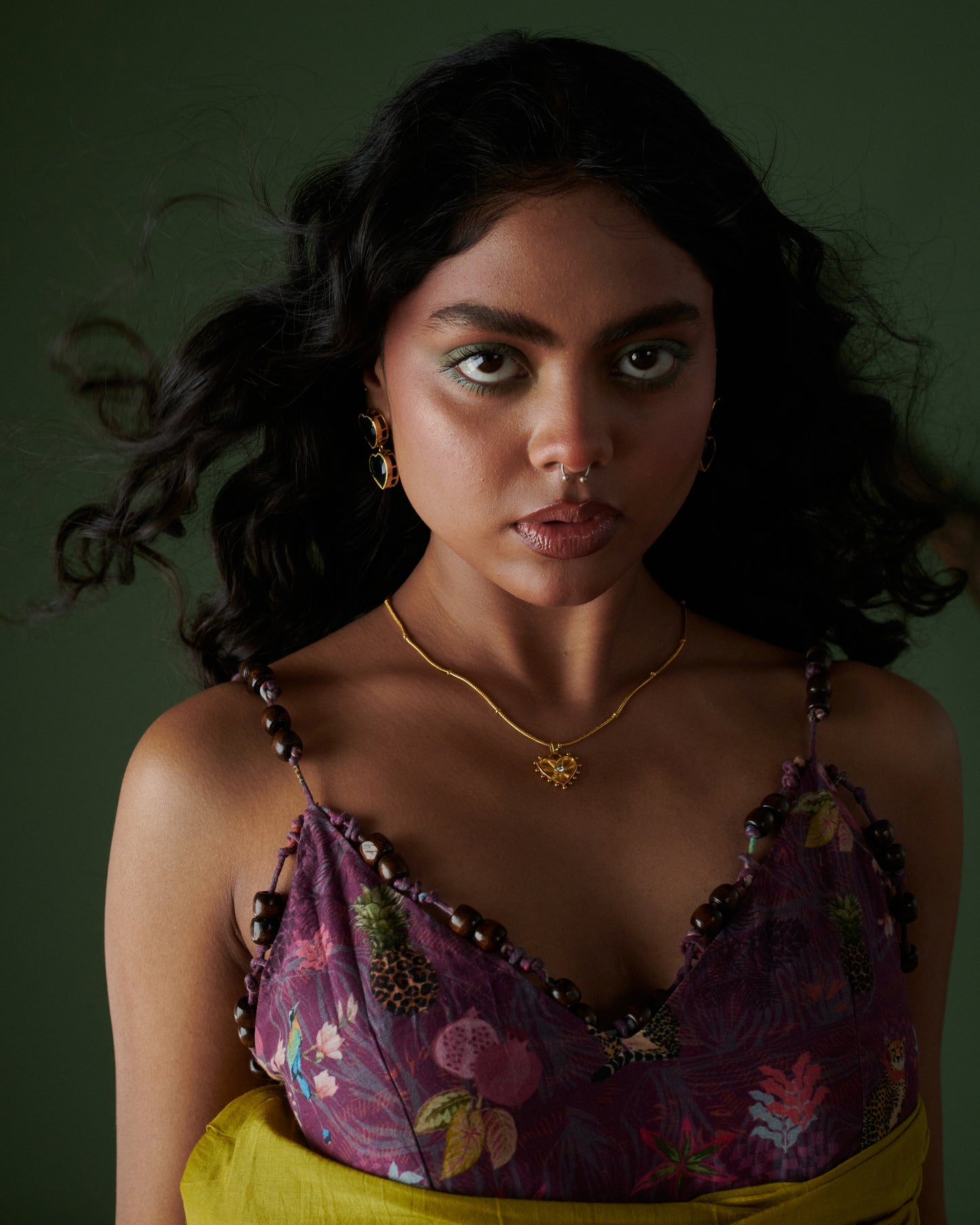 Detailed view of Sunheri Zest Dress bodice featuring Jungle Feast print with beaded straps by Naarangi.