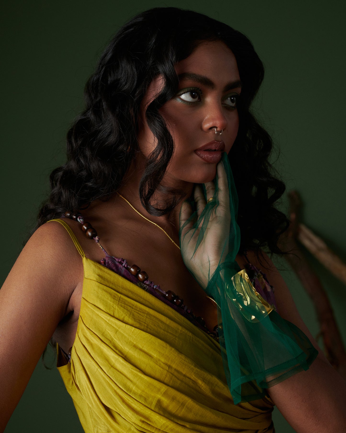 Close-up view of Sunheri Zest Dress in yellow with Jungle Feast print and beaded strap detail by Naarangi.