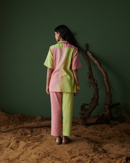 Back view of Barfi Bloom Co-ord Set showing hand-dyed pink and green color block design in cotton textured fabric.