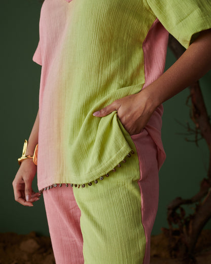Barfi Bloom Co-ord Set pocket detail in hand-dyed pink and green fabric with delicate bead edging and soft texture.