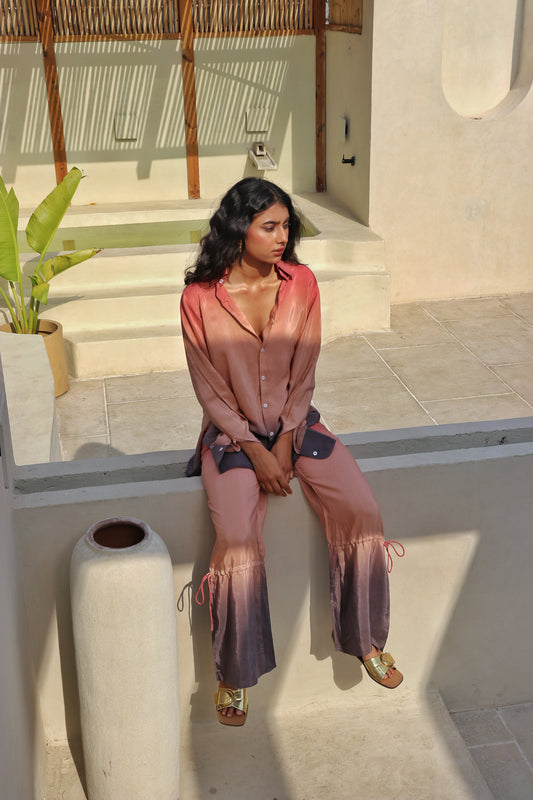 Stylish fashion shot of model in Dawn To Dusk co-ord set, casual elegance.