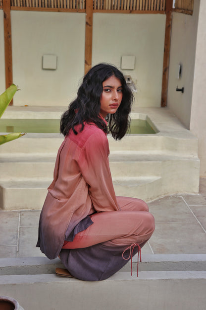 Fashion model posing in Dawn To Dusk co-ord set, elegant front look.