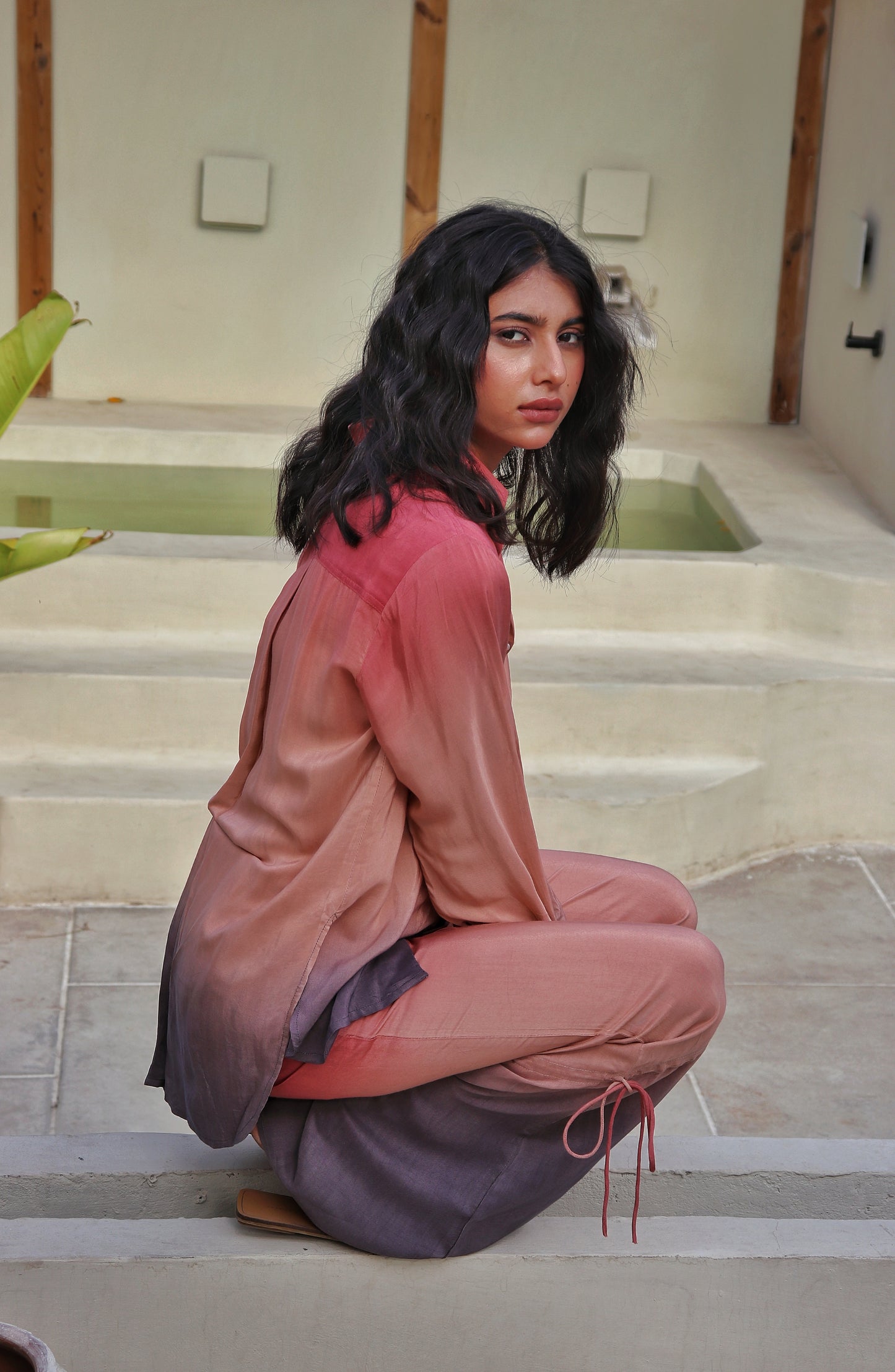 Side pose of woman wearing Dawn To Dusk co-ord set, trendy look.