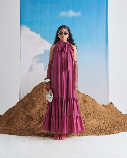 Full-length view of Falsa Sharbet Maxi Dress in deep fig purple