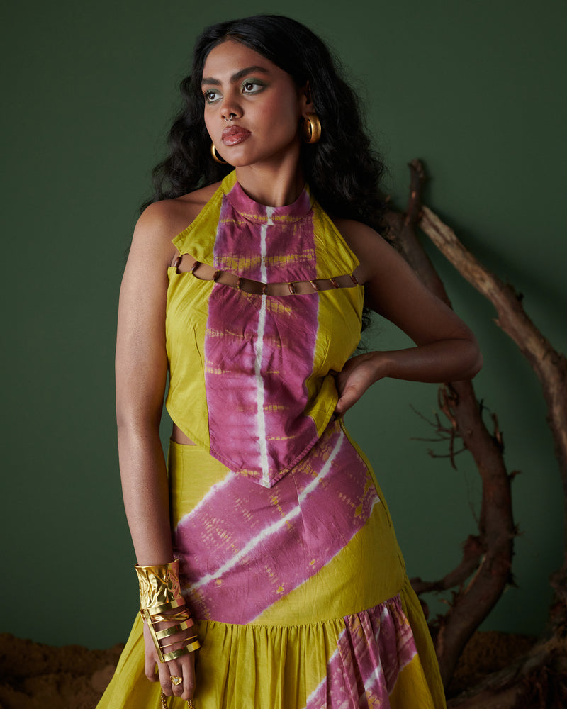Close-up of hand-dyed fabric texture on Khatta Jal-Jeera Skirt in mustard yellow and deep pink