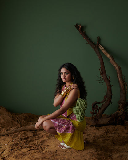 Front view of Khatta Jal-Jeera Skirt in mustard yellow and deep pink, hand-dyed by Naarangi India