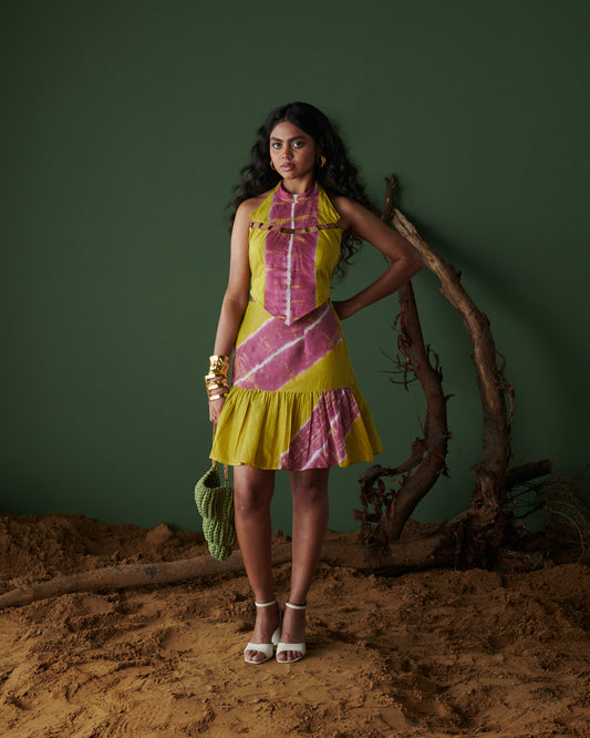 Full-length view of Khatta Jal-Jeera Skirt in mustard yellow and deep pink, mini style