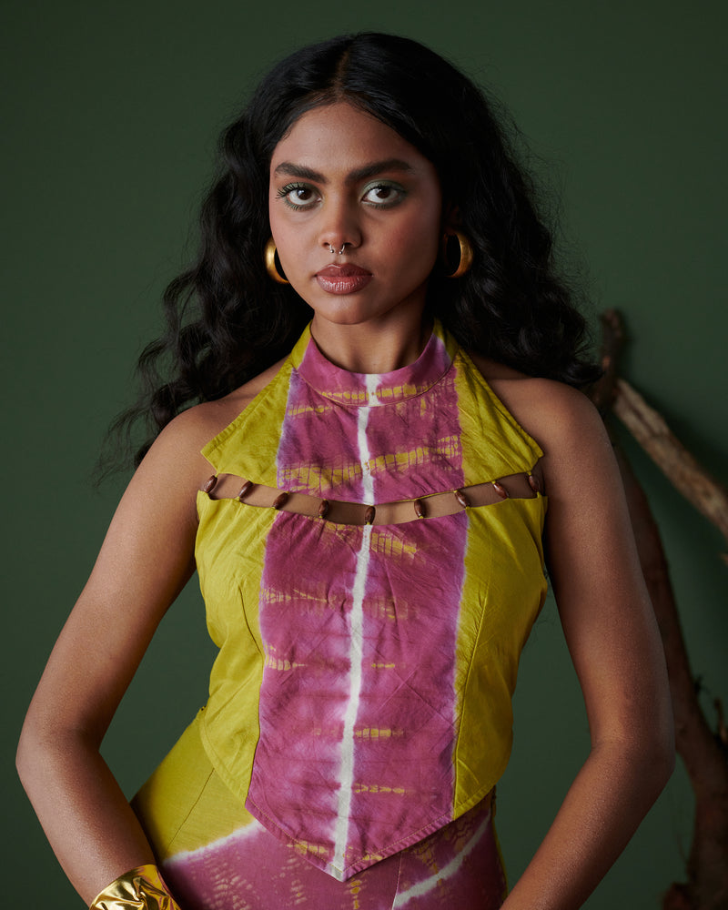 Khatta Jal-Jeera Top front view in hand-dyed mustard yellow and deep pink