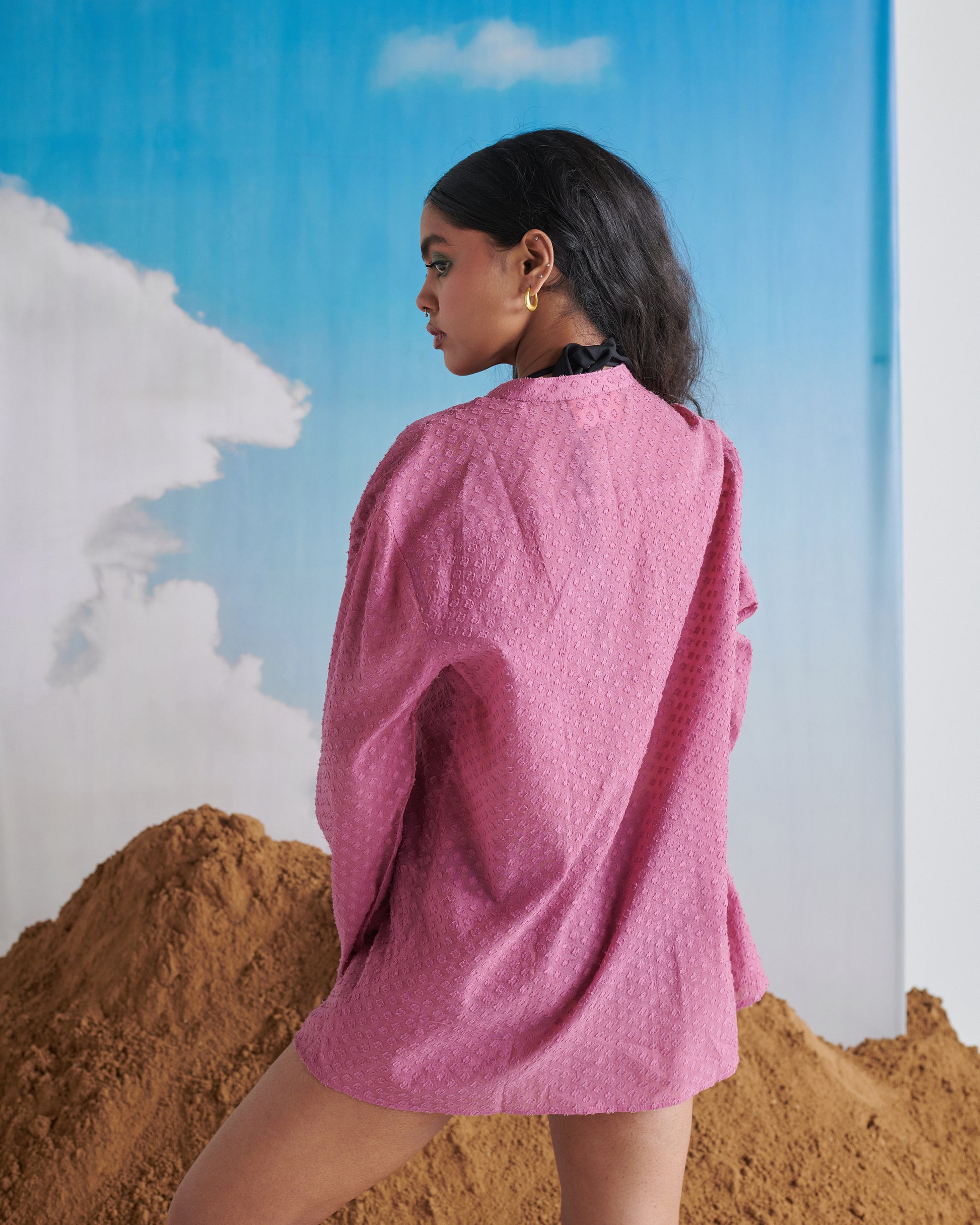Back closeup view of Kismi Kurta in pink, showing textured embroidery, soft cotton drape and minimal ethnic fashion.