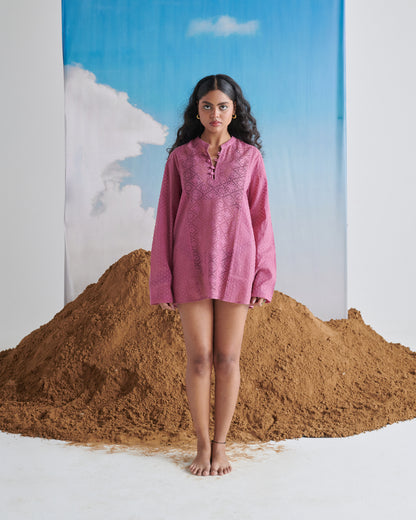 Full front view of Kismi Kurta in pink, featuring embroidered detailing, relaxed long sleeves, and straight comfortable fit.