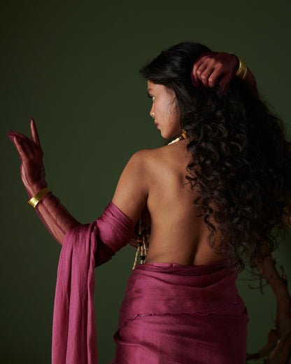 Back profile of Kokum Crush plum saree with blouse by Naarangi, airy handwoven drape styled with beads and bangles.