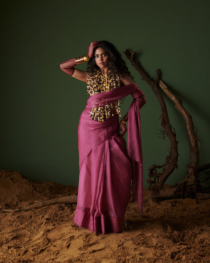 Full body look of Kokum Crush plum saree with blouse by Naarangi, handwoven airy drape styled with festive jewelry.