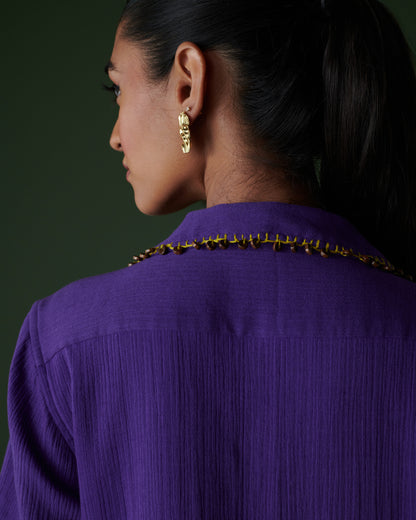 Back neckline detail of Kool Khatta Co-ord Set in purple cotton, featuring intricate bead embellishments and textured finish.