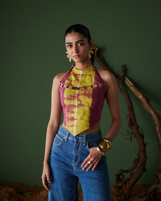 Front view of Meetha Jaljeera Top in wine and deep yellow by Naarangi, a vibrant women’s halter-neck top with cut-out accents, hand-dyed using traditional techniques, blending ethnic craftsmanship with modern boho-chic fashion in India.