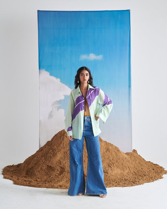 Front view of Naarangi Aasmani Leher shirt, ocean blue wave-inspired pattern design.