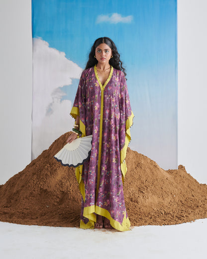 Centered full-length front look in Plum Passion kaftaan with bead-trim lime placket.