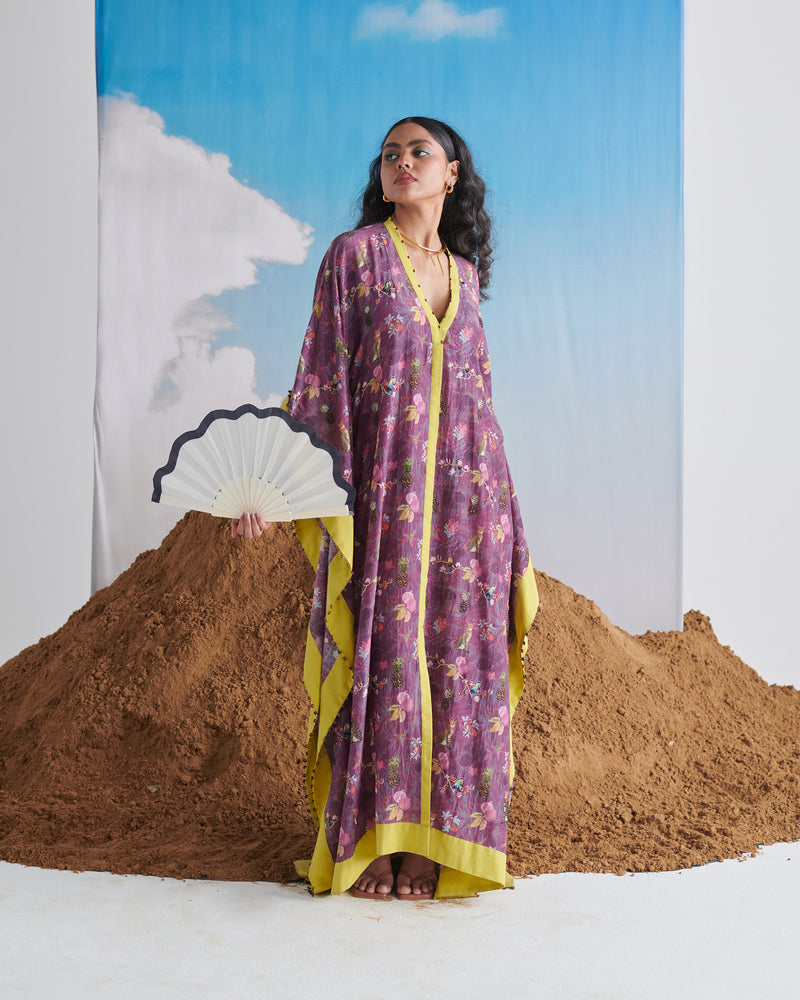 Full-length front view of Plum Passion kaftaan; flowy hem with lime border.