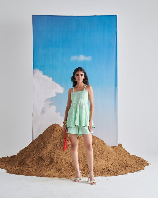 Naarangi Pudina Pop Short Set in mint green, sleeveless strappy top with matching shorts, stylish summer co-ord set for women.