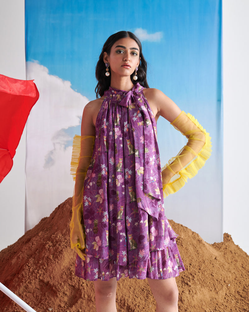 Naarangi Tropical Banta Dress in purple floral design, sleeveless lightweight silk outfit styled for casual and summer occasions.