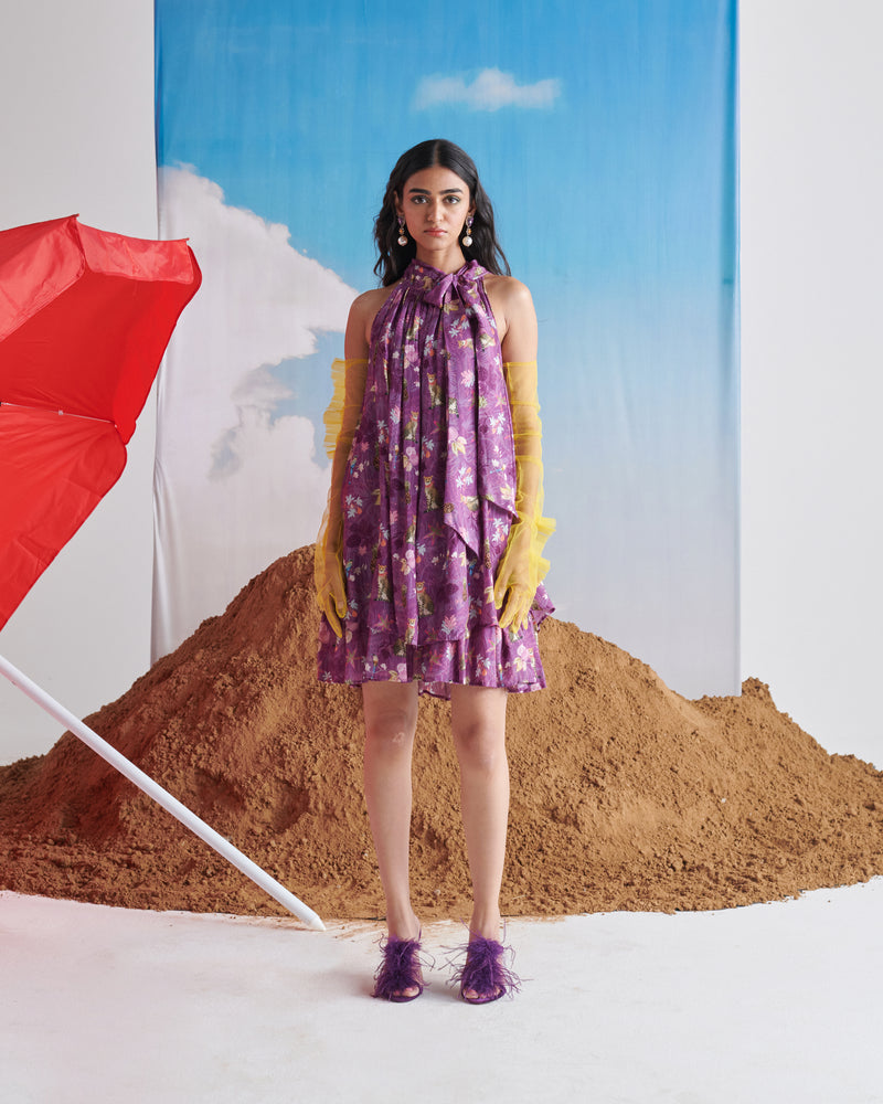 Naarangi Tropical Banta Dress in purple floral print, sleeveless lightweight outfit styled for summer and casual occasions.